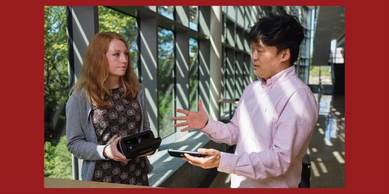 Assistant professor of health informatics Hee-Tae Jung, right, and IU Ph.D. student Erica Babb of the IU Luddy School of Informatics, Computing and Engineering in Indianapolis with VR technology used to assist individuals with Alzheimer's disease.