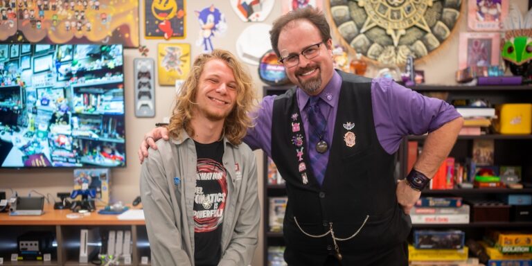 MAS student Haven Hamelin and faculty Mathew Powers in Media Arts Research Lab (MARLA) Museum