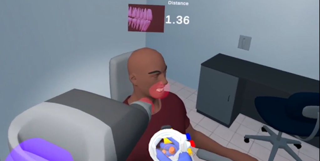 VR dental radiology image showing patient avatar in exam chair
